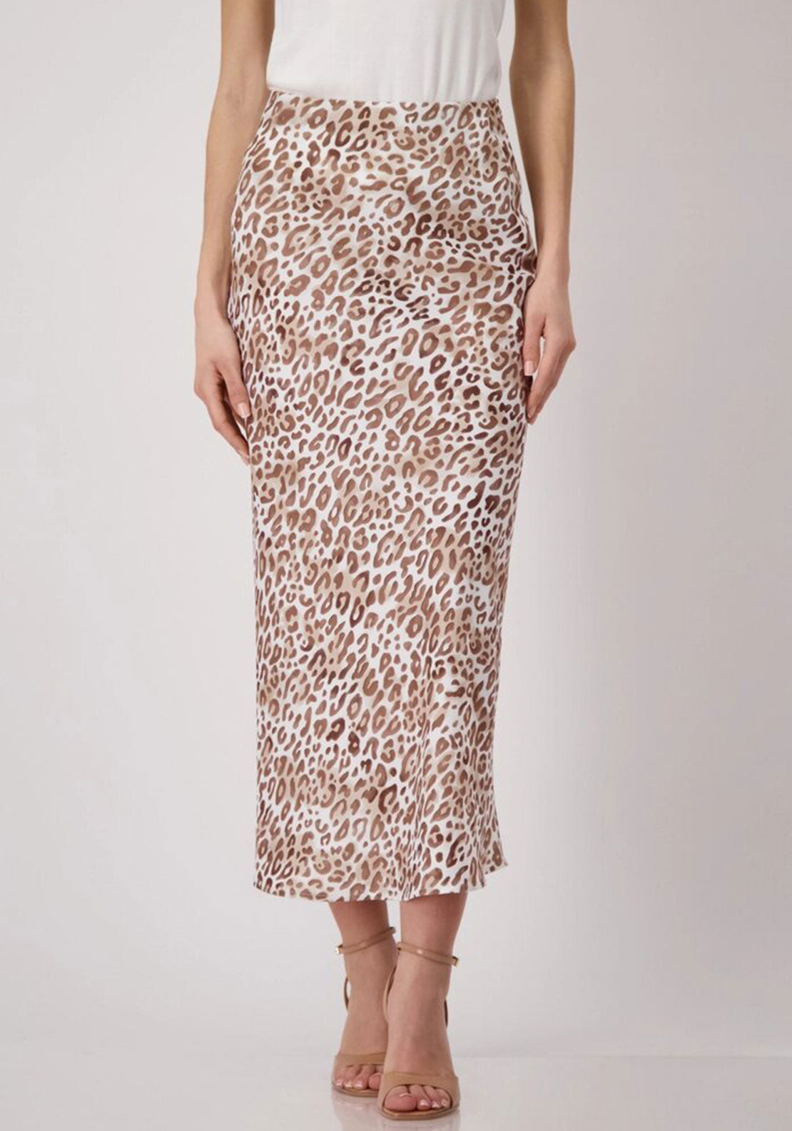 Monari Leopard Satin Midi Skirt, Beige