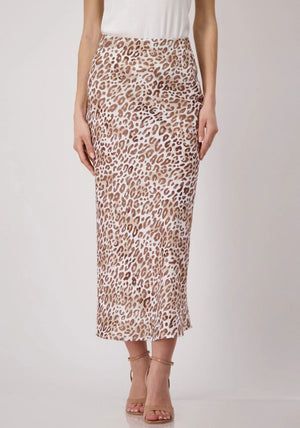 Monari Leopard Satin Midi Skirt, Beige