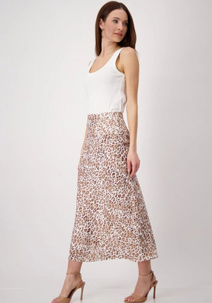 Monari Leopard Satin Midi Skirt, Beige