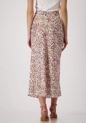 Monari Leopard Satin Midi Skirt, Beige