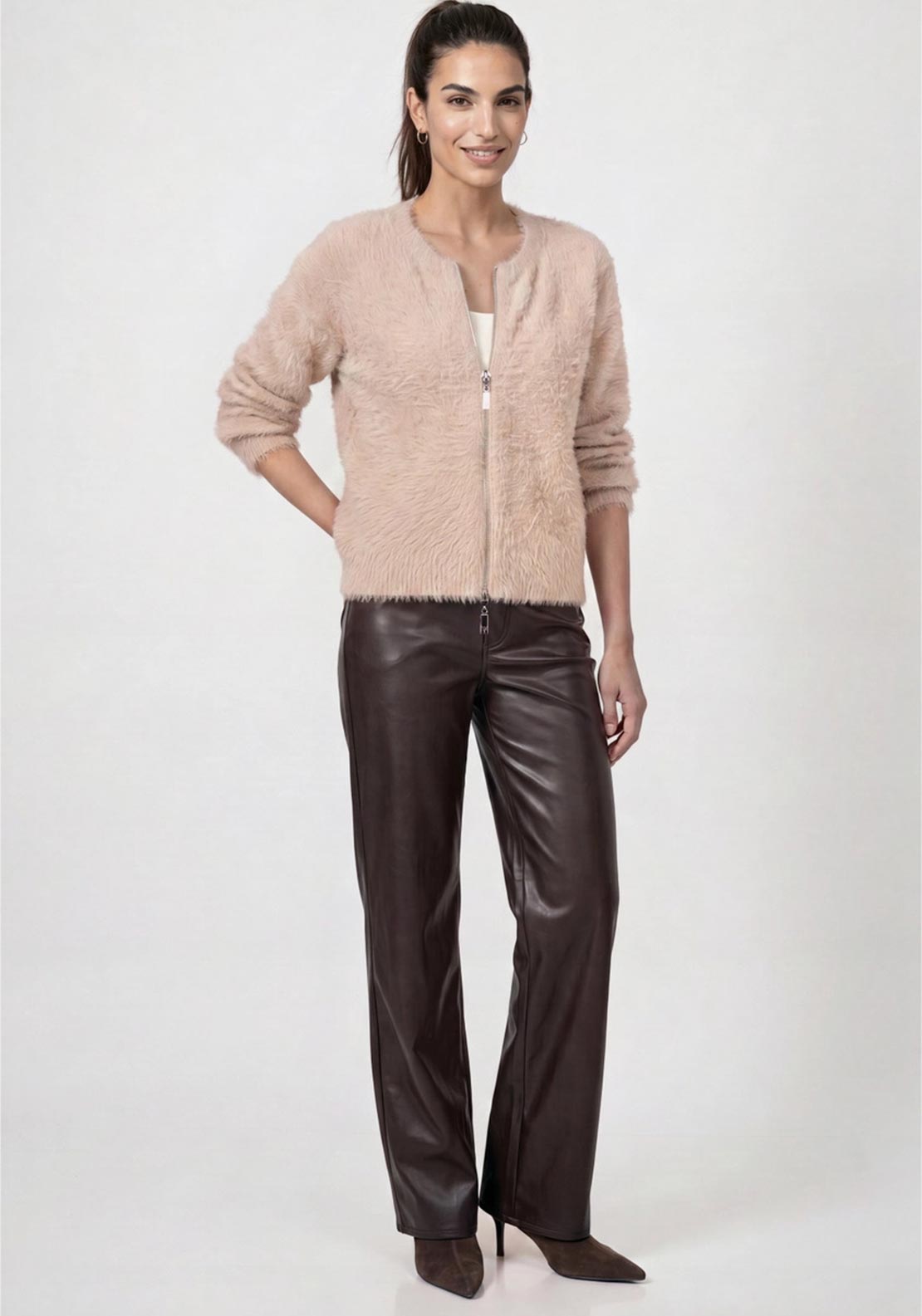 Monari Fluffy Textured Zip Up Cardigan, Beige
