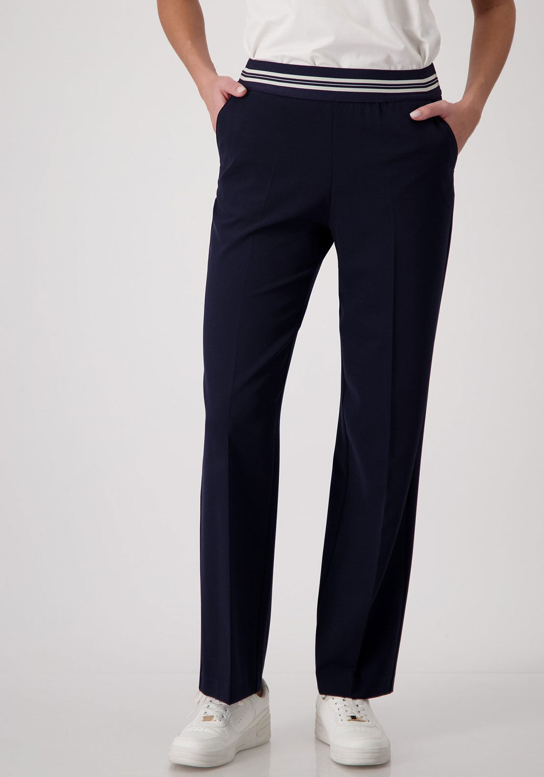 Monari Elasticated Straight Leg Trousers, Navy
