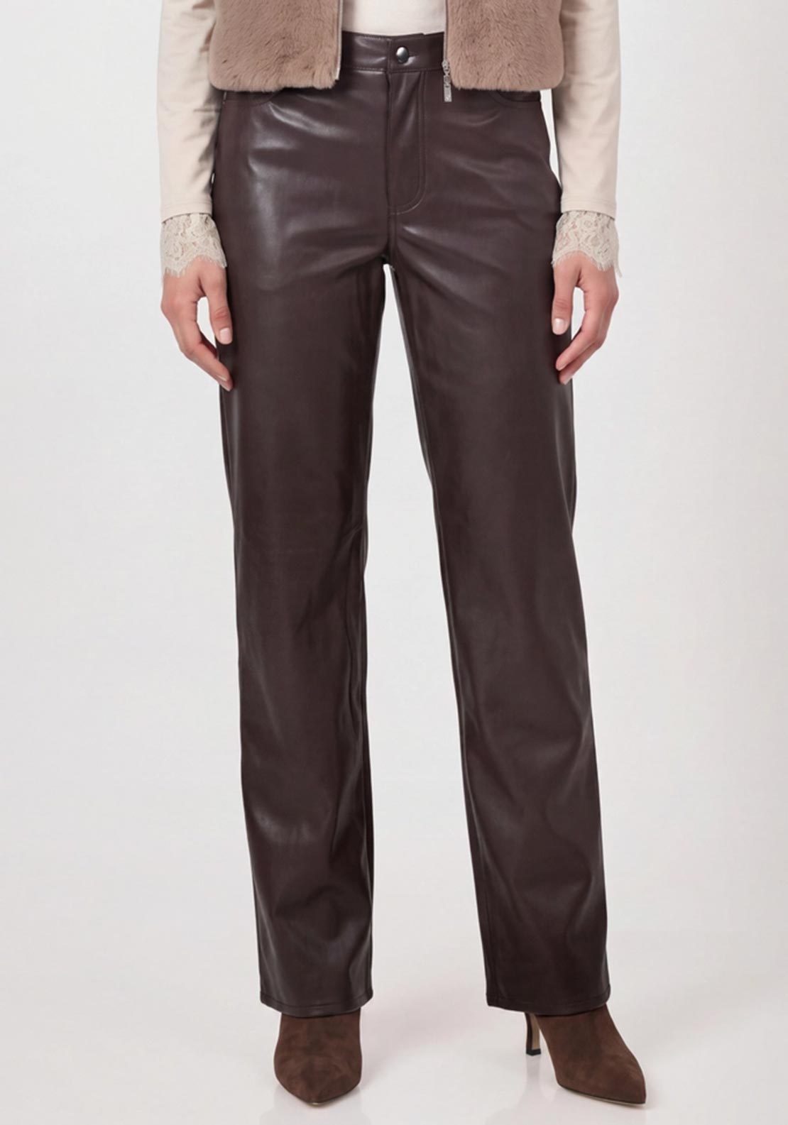 Monari Faux Leather Wide Leg Trousers, Dark Brown