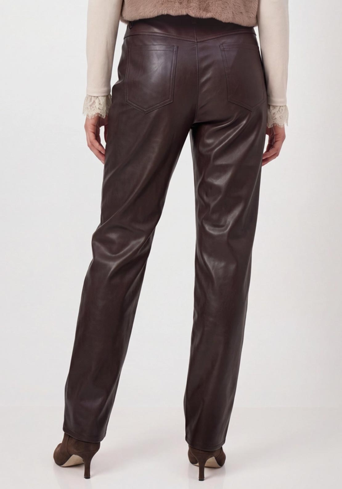 Monari Faux Leather Wide Leg Trousers, Dark Brown