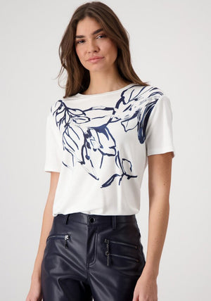 Monari Rhinestone Abstract Floral Print T-Shirt, Off White