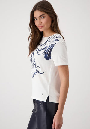 Monari Rhinestone Abstract Floral Print T-Shirt, Off White