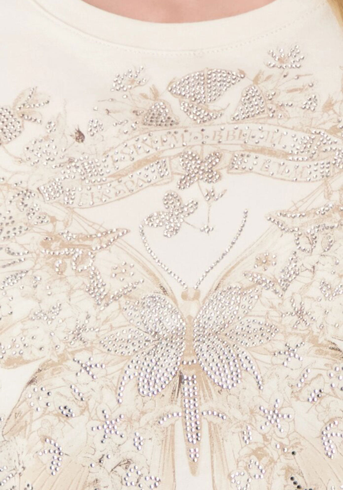 Monari Rhinestone Butterfly Print T-Shirt, Beige
