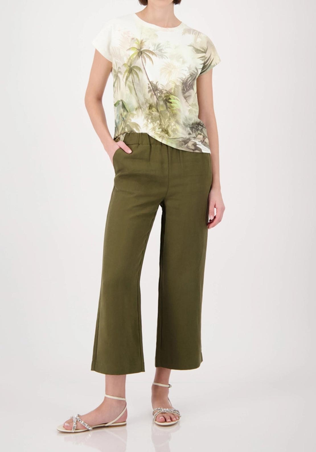 Monari Tropical Print with Rhinestone Detail T-Shirt, Green