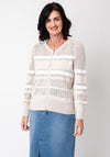 Monari Striped Crochet Knit Zipped Cardigan, Beige