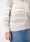 Monari Striped Crochet Knit Zipped Cardigan, Beige