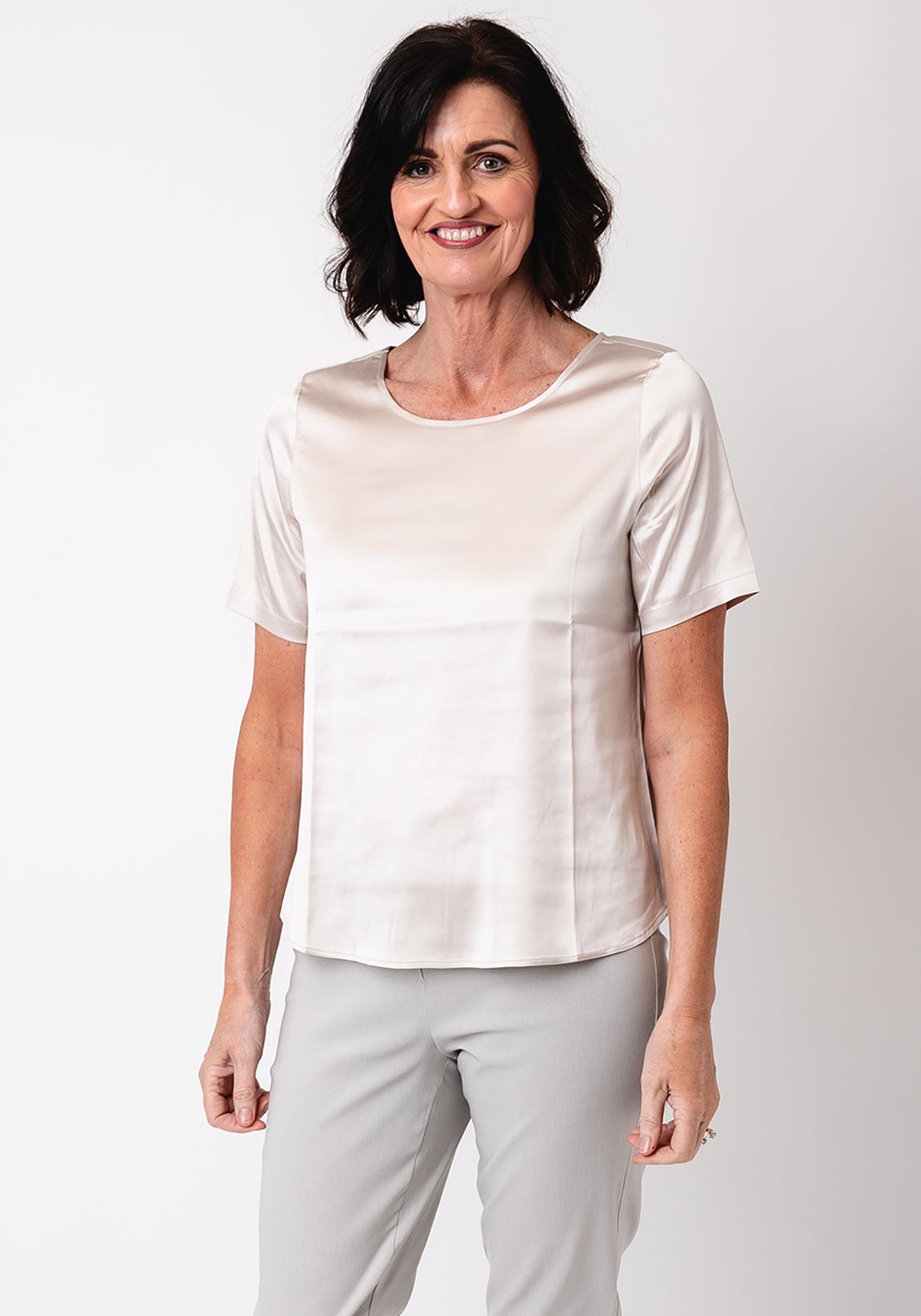 Monari Satin Short Sleeve Top, Champagne