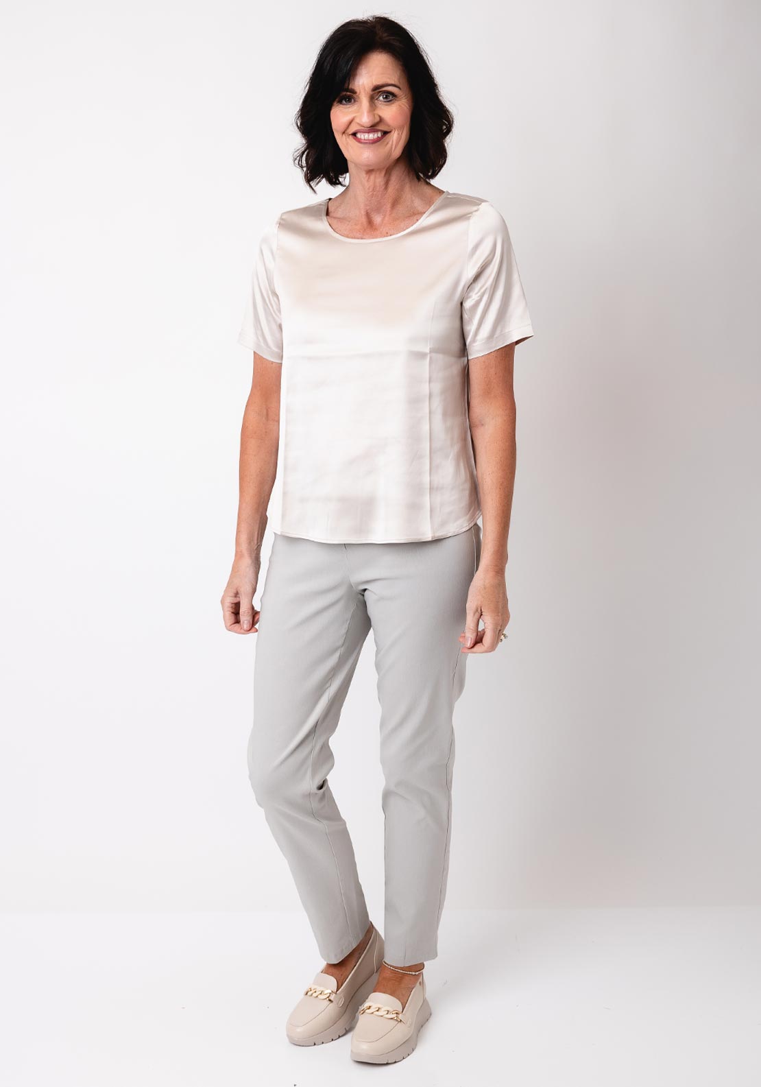 Monari Satin Short Sleeve Top, Champagne