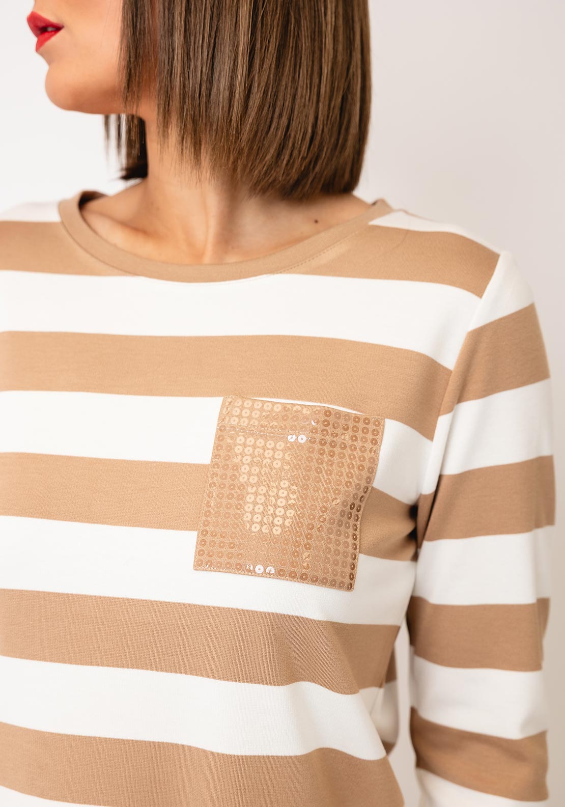 Monari Striped With Sequin Pocket Top, Beige