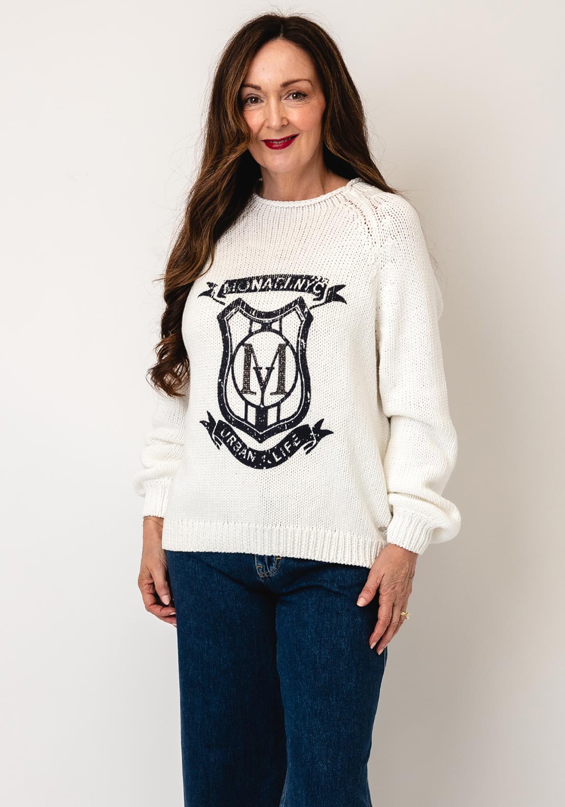 Monari Long Sleeve Badge Knit Jumper, White