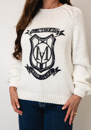 Monari Long Sleeve Badge Knit Jumper, White