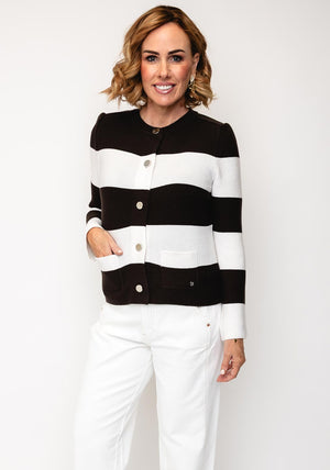 Monari Block Striped Knit Cardigan, Brown and White