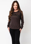Monari Rhinestone Inscription Print Long Sleeve Top, Brown