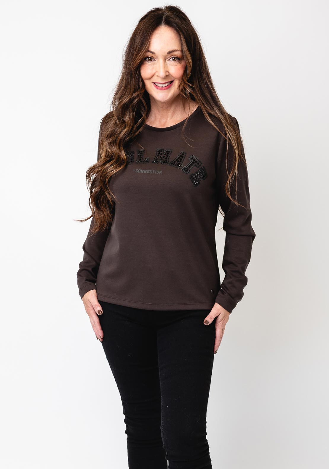 Monari Rhinestone Inscription Print Long Sleeve Top, Brown