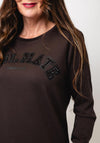 Monari Rhinestone Inscription Print Long Sleeve Top, Brown