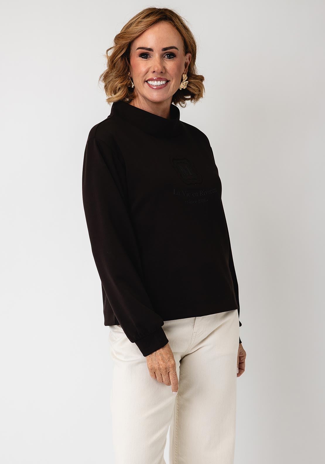Monari High Neck Motif Sweatshirt, Brown