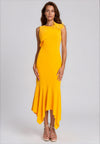 Moncho Heredia Asymmetric Feather Brooch Dress, Yellow
