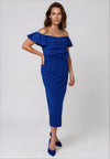 Mocho Heredia Feather Trim Bardot Pencil Dress, Royal Blue
