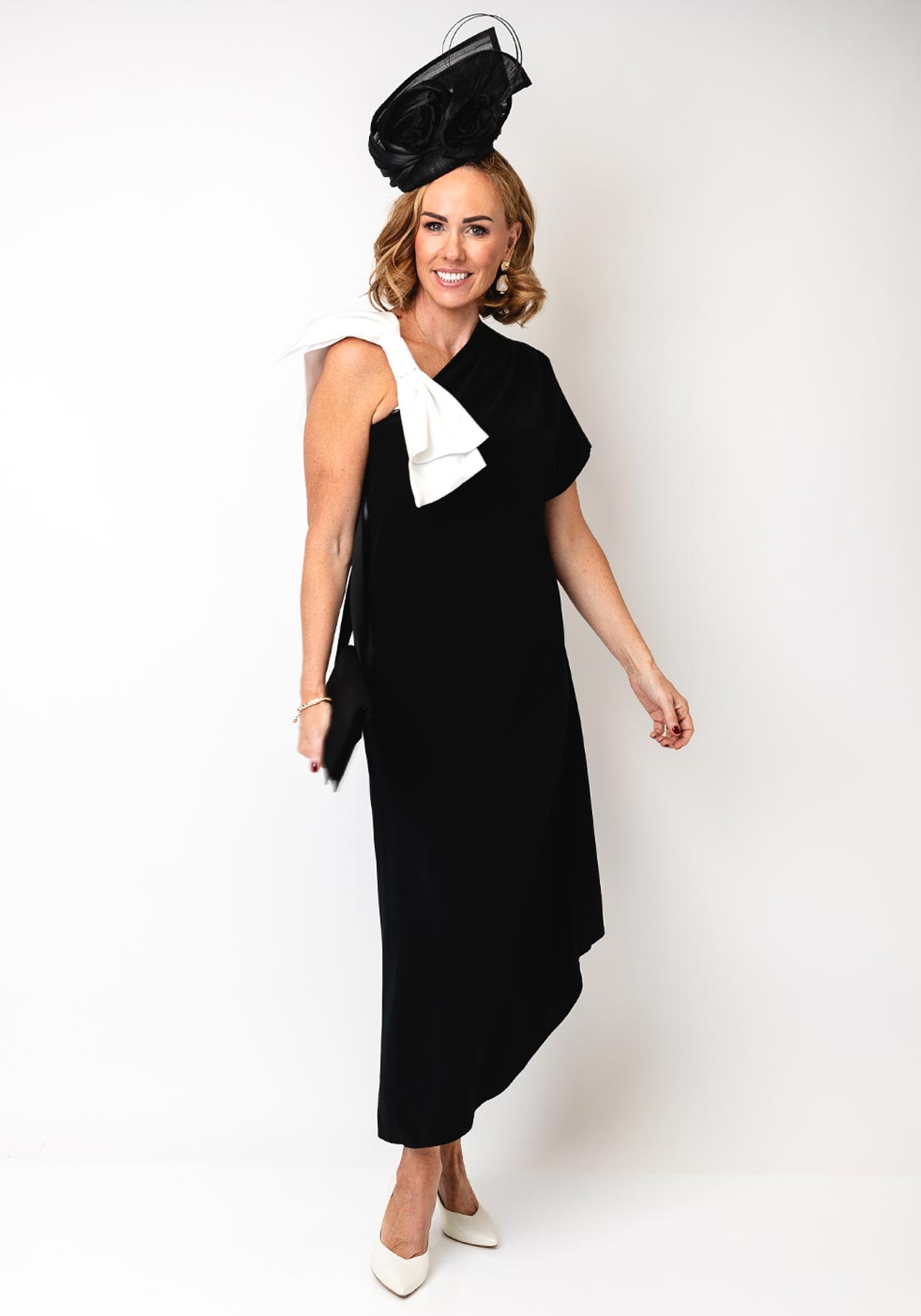 Monessa Joan Críoa Bow Shoulder Dress, Black & Ivory - McElhinneys