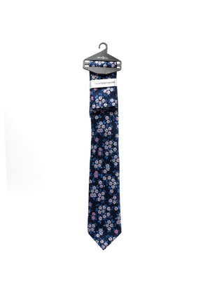 Montagu Gothic Floral Print Tie & Pocket Square Set, Navy