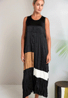 Naya A-Line Pleated Contrast Print Long Dress, Black