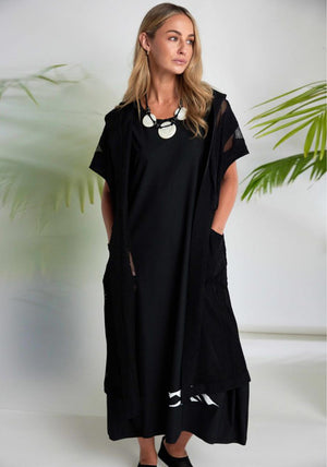 Naya Long Line Hooded With Mesh Insets Jacket, Black