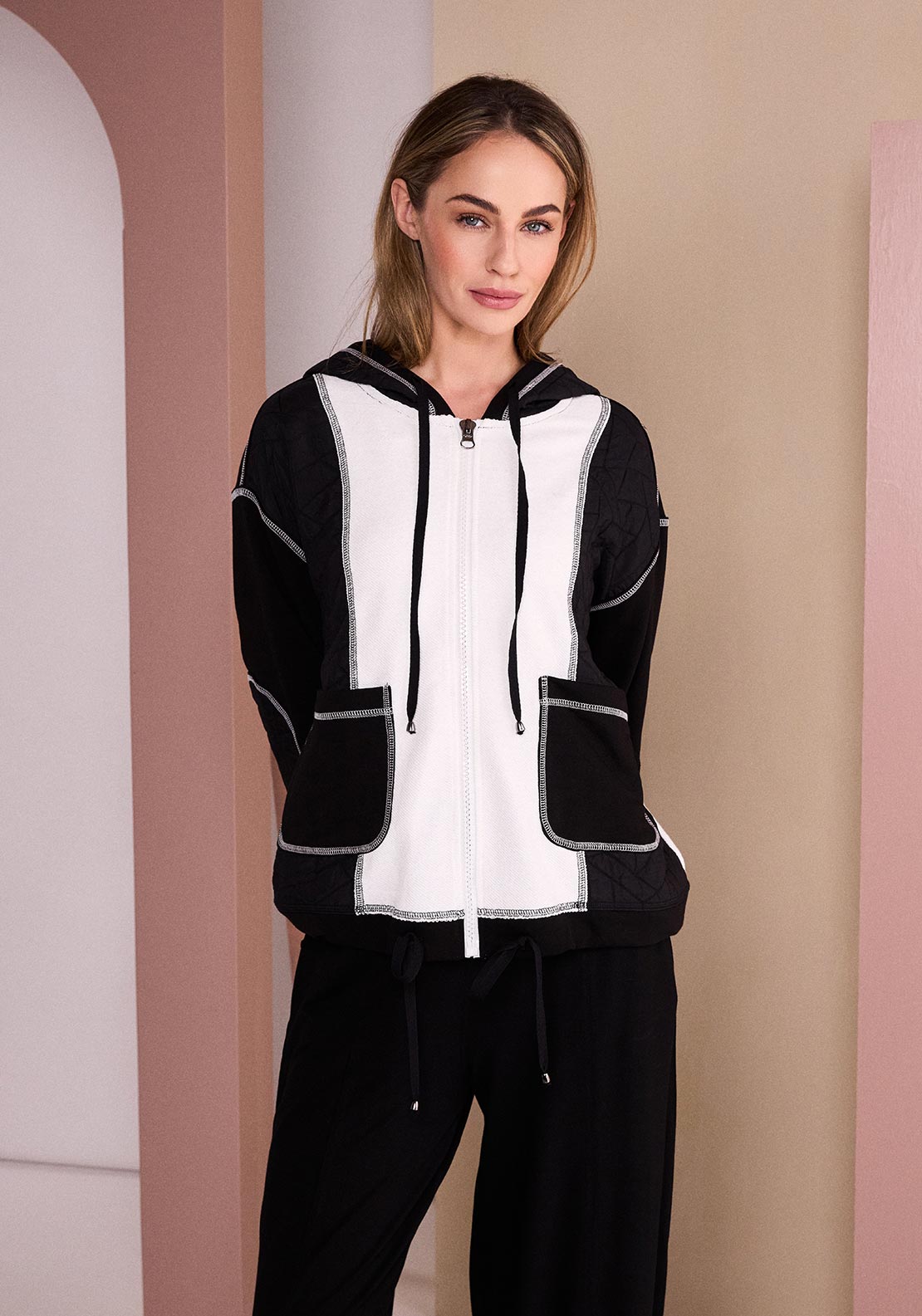 Naya Relaxed Fit Zip Up Jacket, White and Black