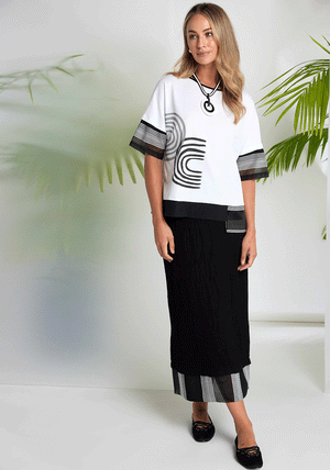 Naya Striped Hemline Midi Skirt, Black