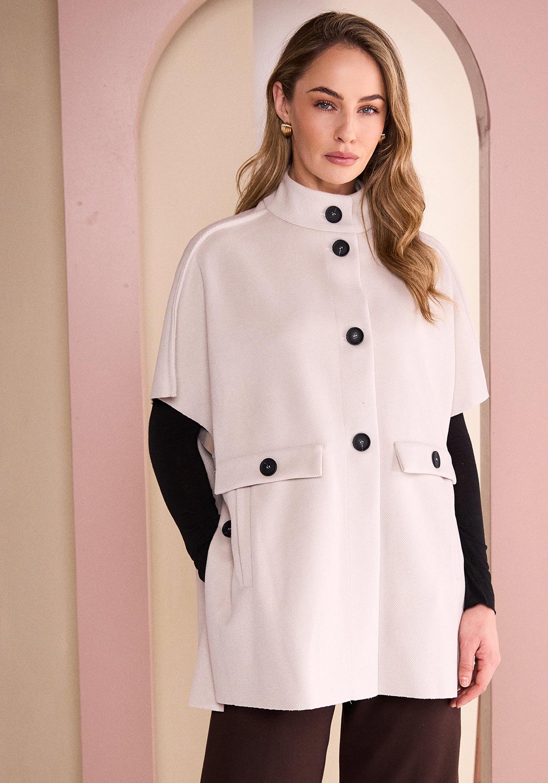 Naya High Neck Relaxed Sleeve Jacket, Stone