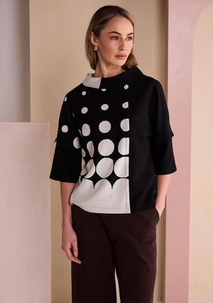Naya Spot Border Relaxed Top, Black and Grey