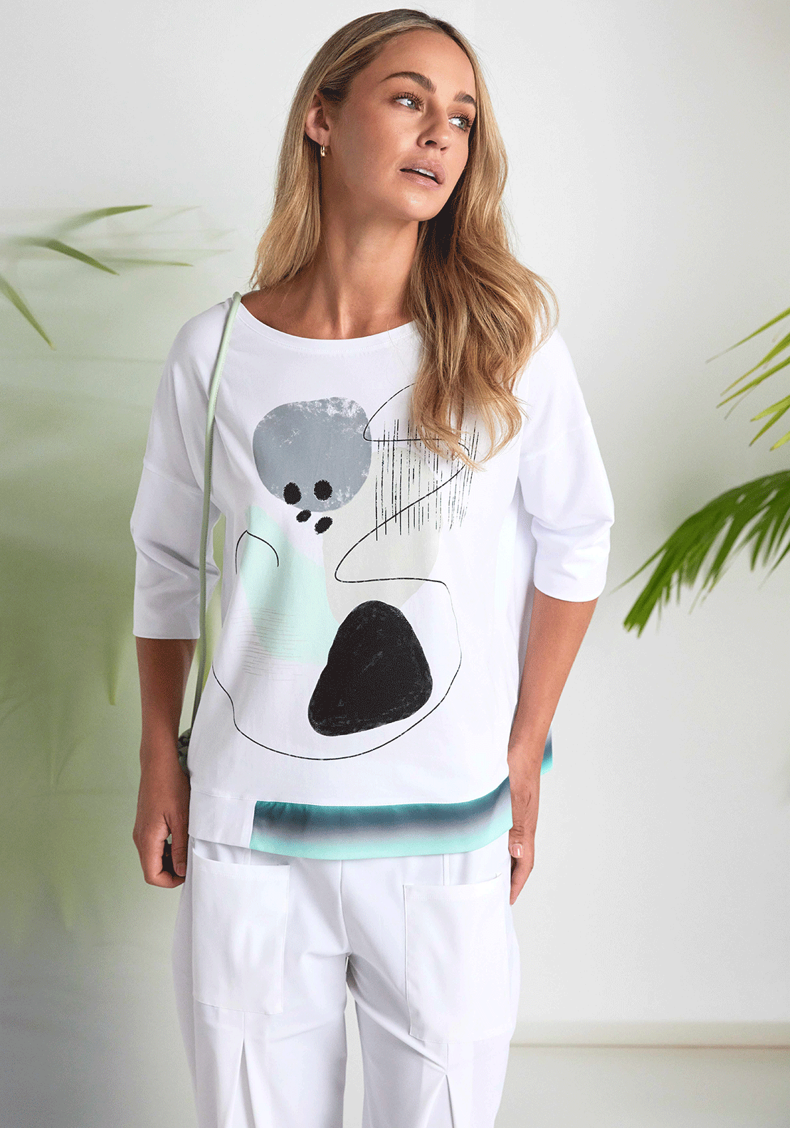 Naya Graphic Print Contrast Hem Top, White and Green