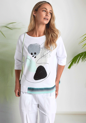 Naya Graphic Print Contrast Hem Top, White and Green