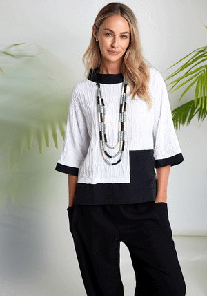 Naya Embossed Jacquard Contrast Trim Top, White