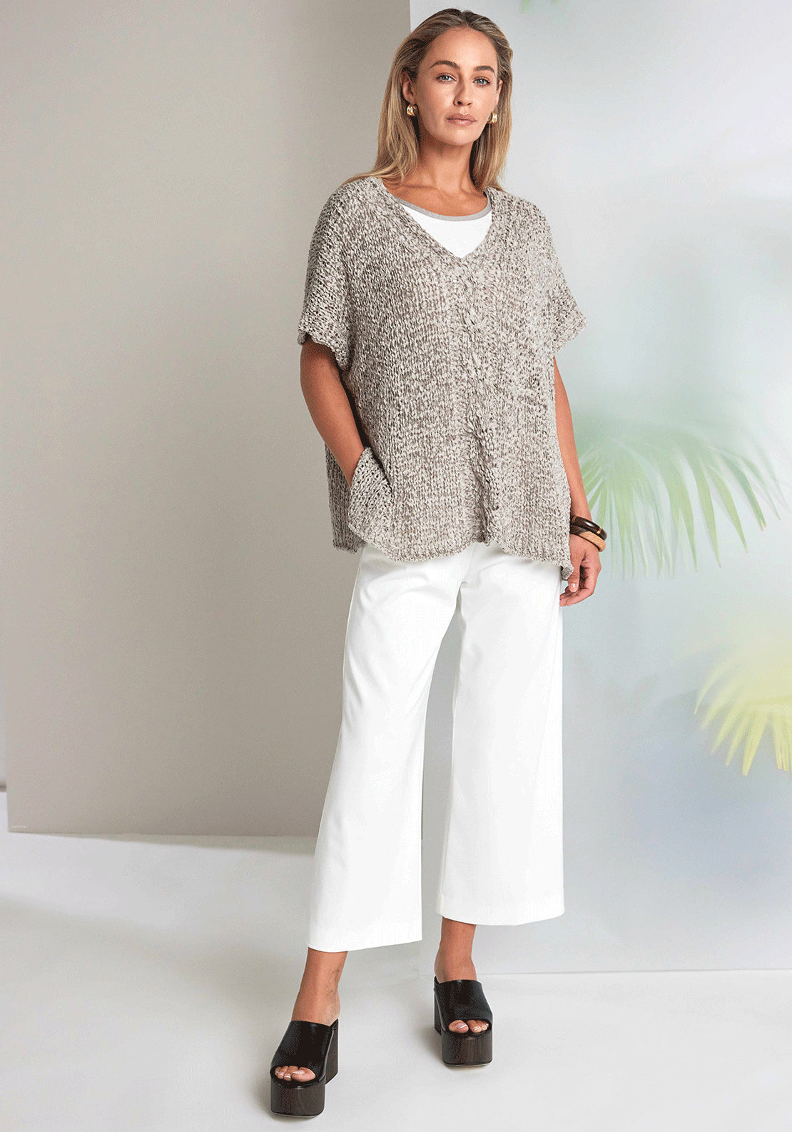 Naya V-Neck Waffle Effect Top, Taupe