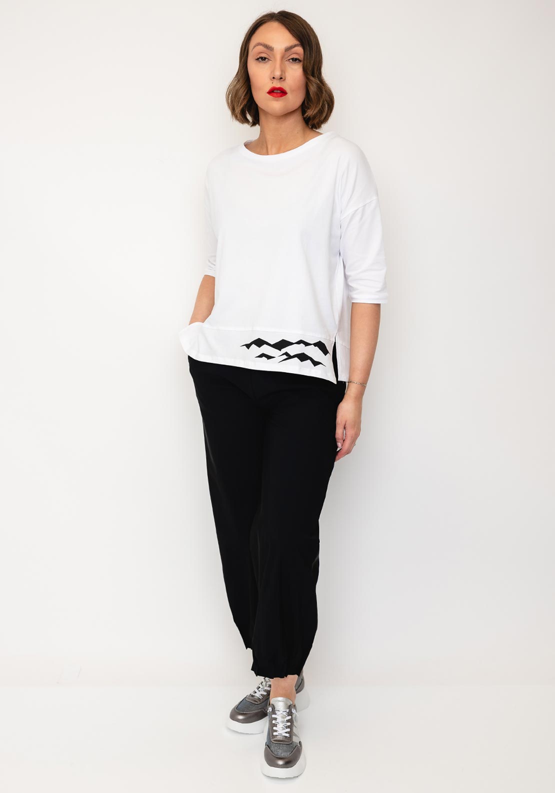 Naya Wave Print Hem Cropped Sleeve Top, White