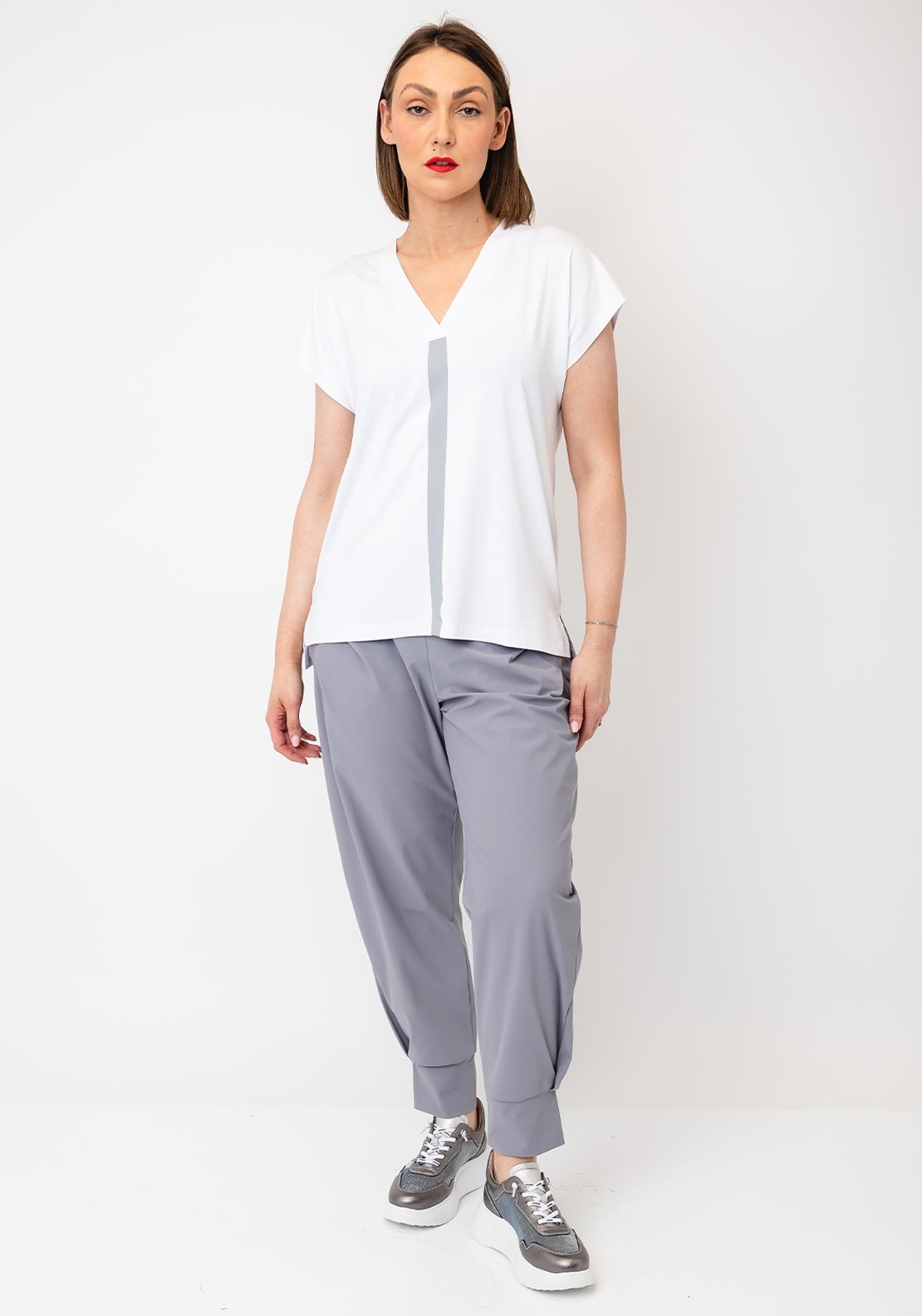 Naya V Neck Stripe Top, White & Dove