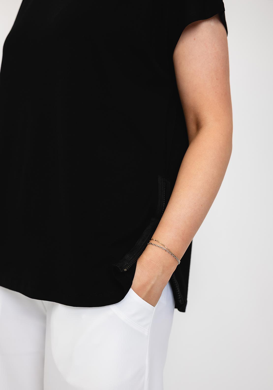 Naya Zip Side Seam Round Neck Top, Black