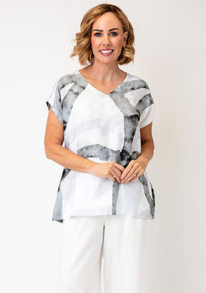 Naya Marble Effect Print V Neck Top, Grey & White