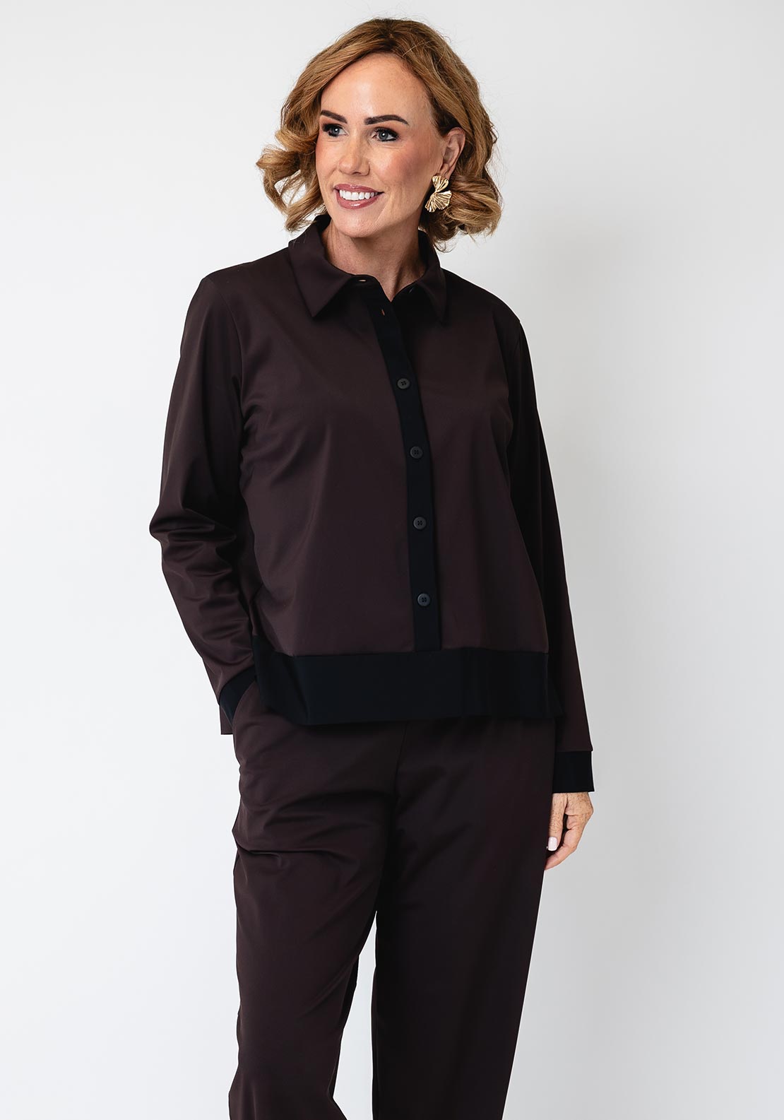 Naya Long Sleeve with Trim Detail Shirt, Brown