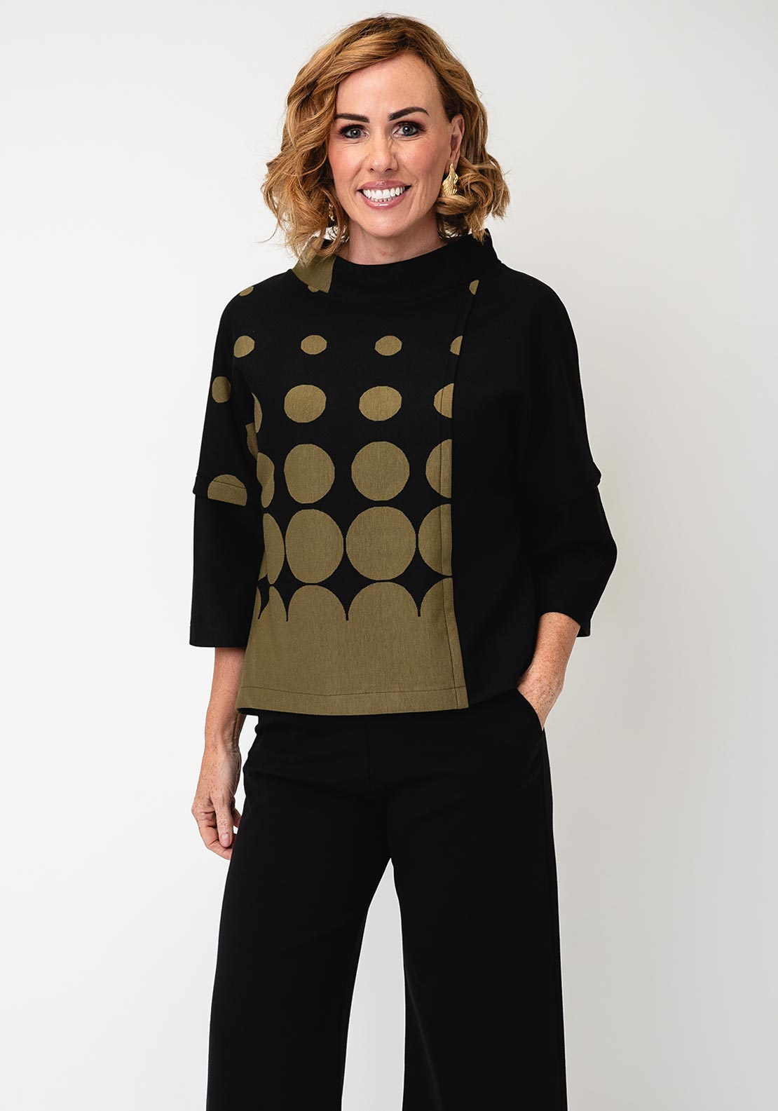 Naya Geo Print Contrast High Neck Top, Black & Green