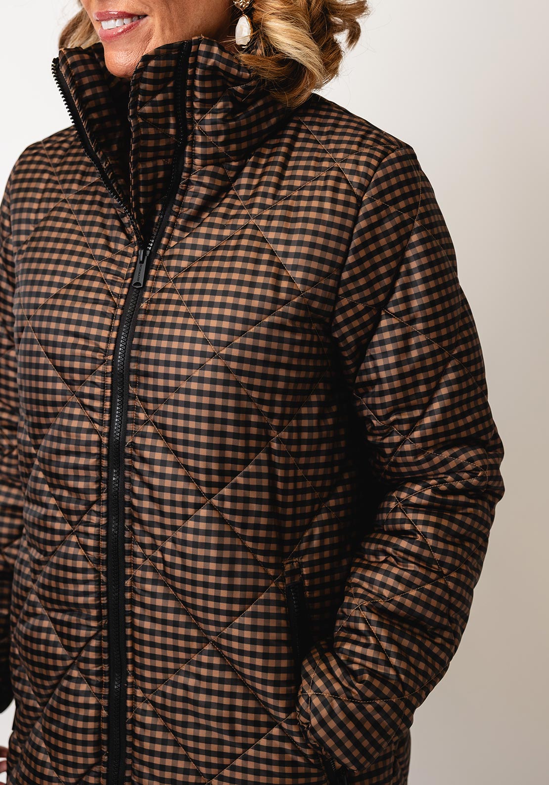Normann Gingham Quilted Long Jacket, Tan