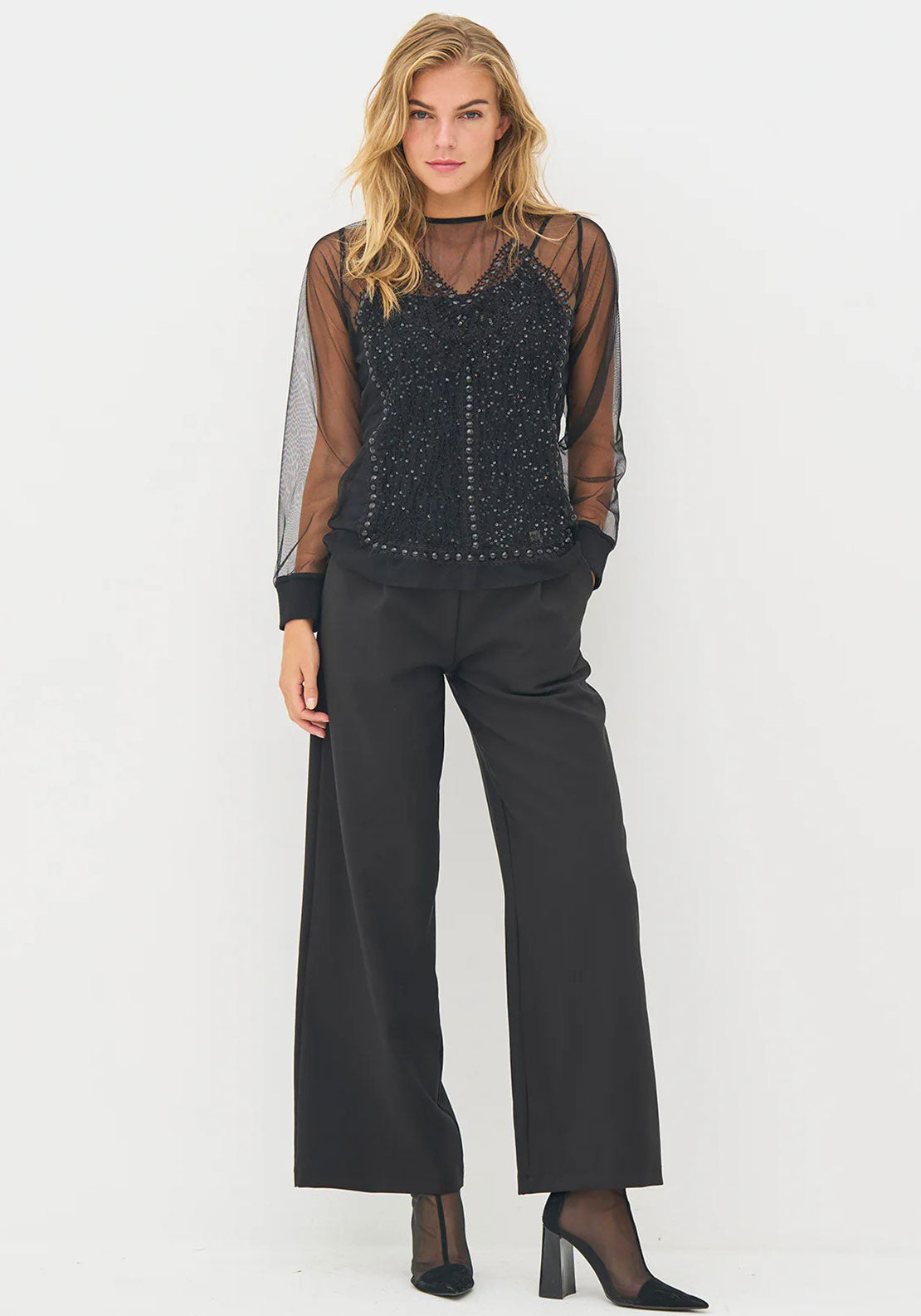 NU Demark Bitten Sequin Mesh Sleeve Top, Black