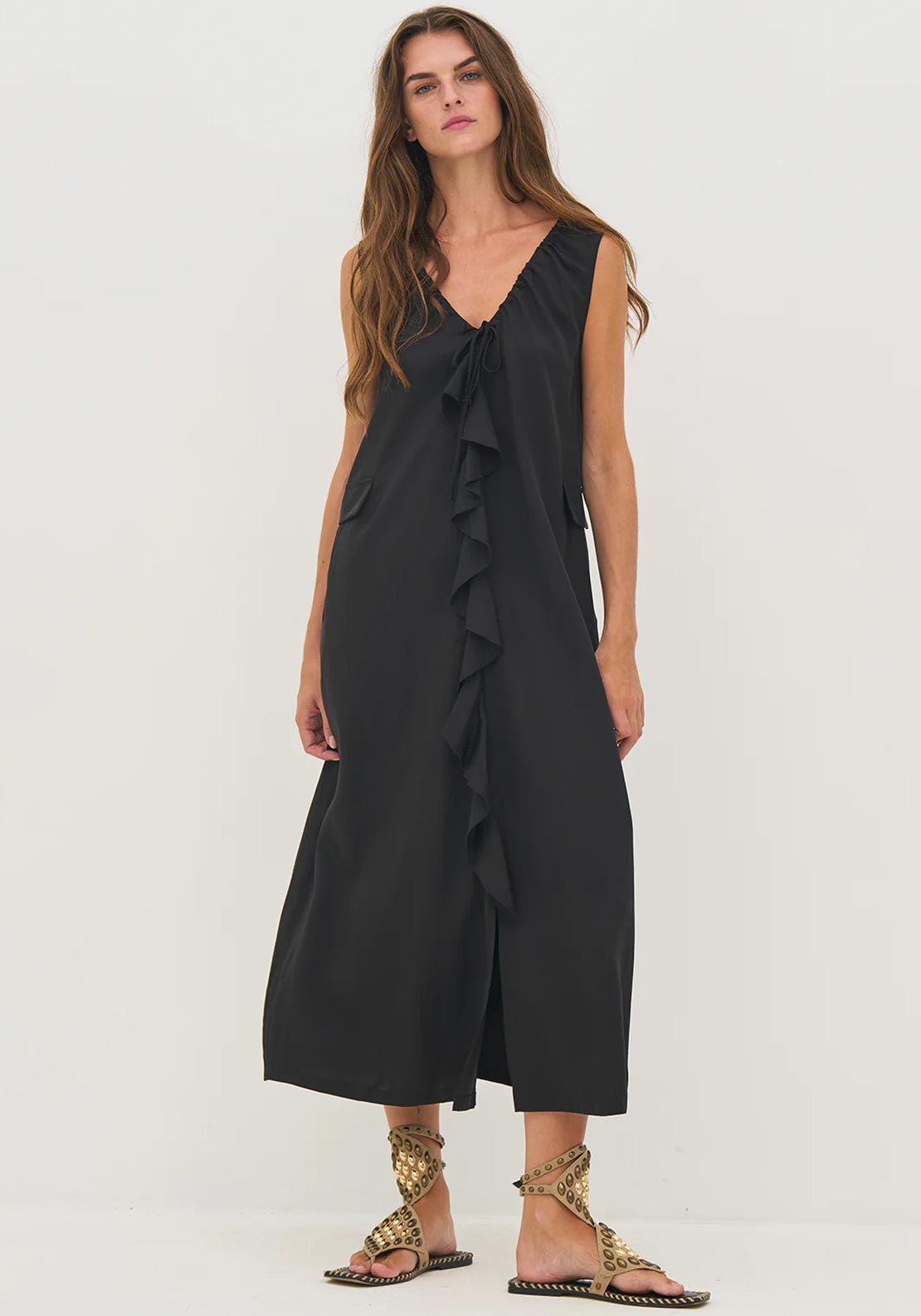 devine ruffle maxi dress Nu Denmark Devin Frill V Neck Maxi Dress, Black