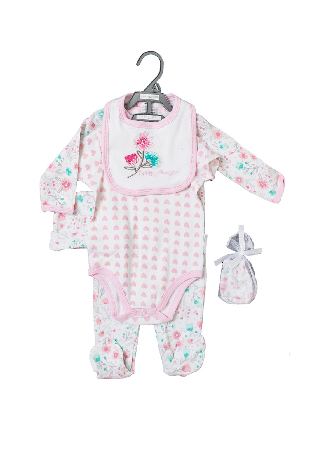 Nursery Time Baby Girl Pretty Flower Print 5 Piece Set, Pink