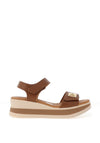 Oh My Sandals Pebbled Leathe Velcro Wedge Sandals, Tan