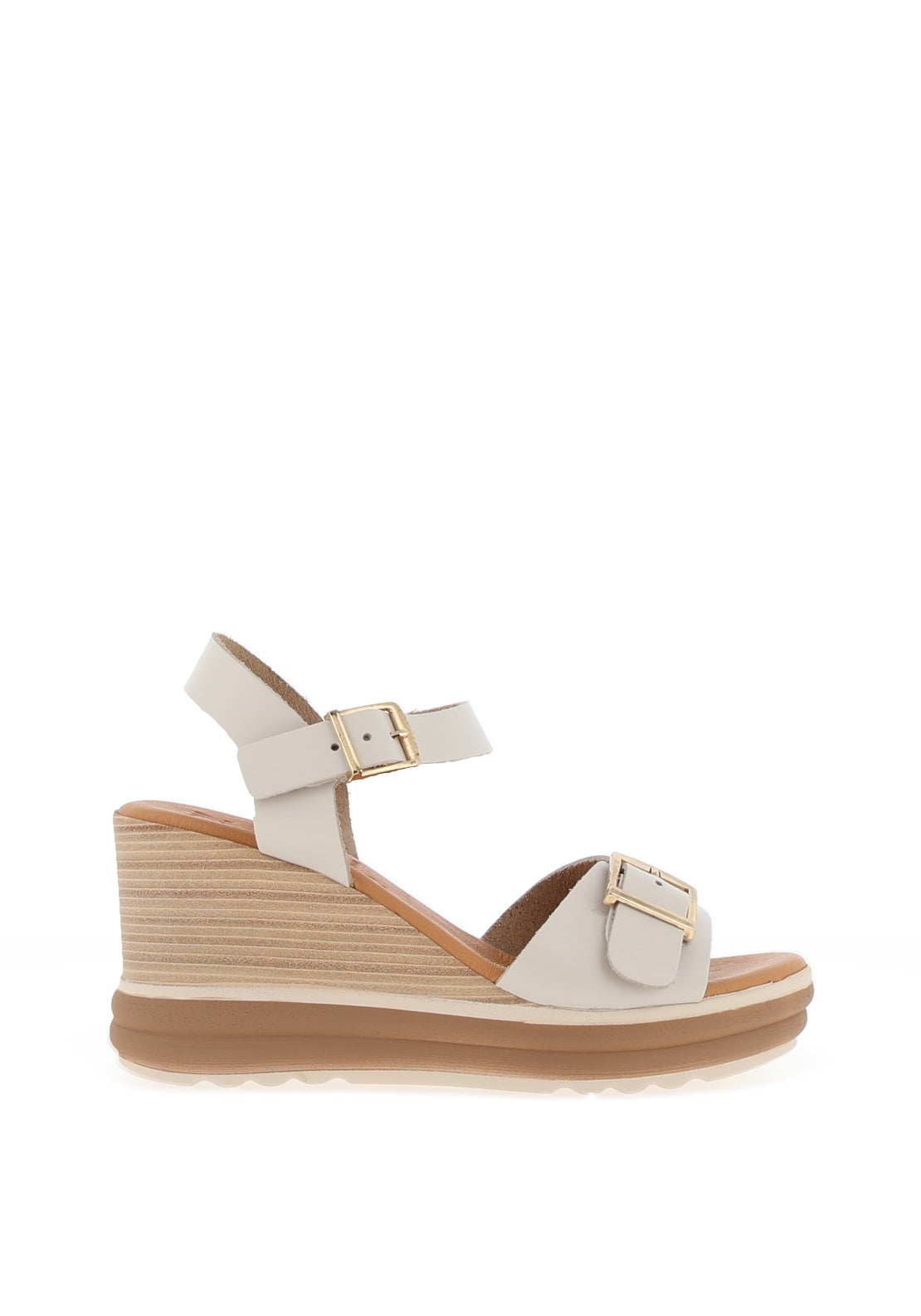 Oh My Sandals Smooth Leather Buckle Wedge Sandals, Ice - McElhinneys